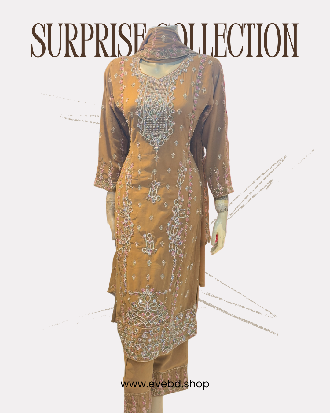 Caramel Brown Georgette Embroidered Dress