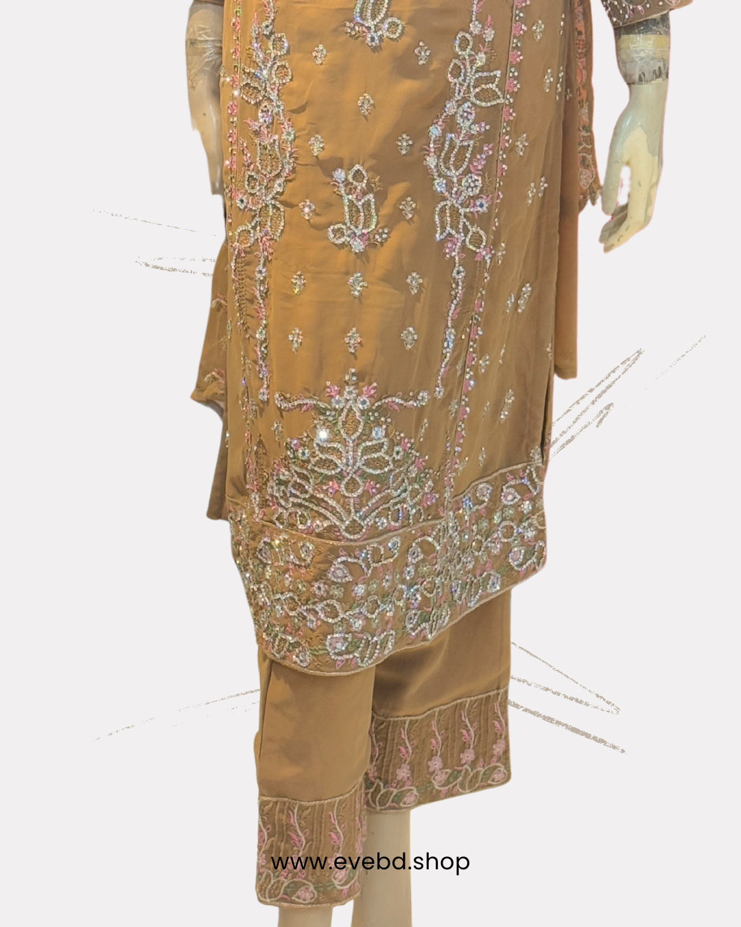 Caramel Brown Georgette Embroidered Dress