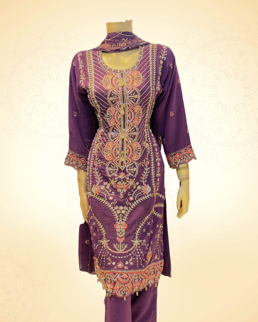 Purple Heavy Embroidered Georgette Dress