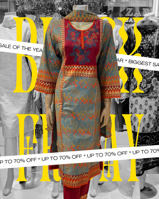 Embroidered Cotton Kurti – Red & Grey Fusion