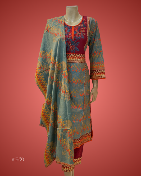 Embroidered Cotton Kurti – Red & Grey Fusion