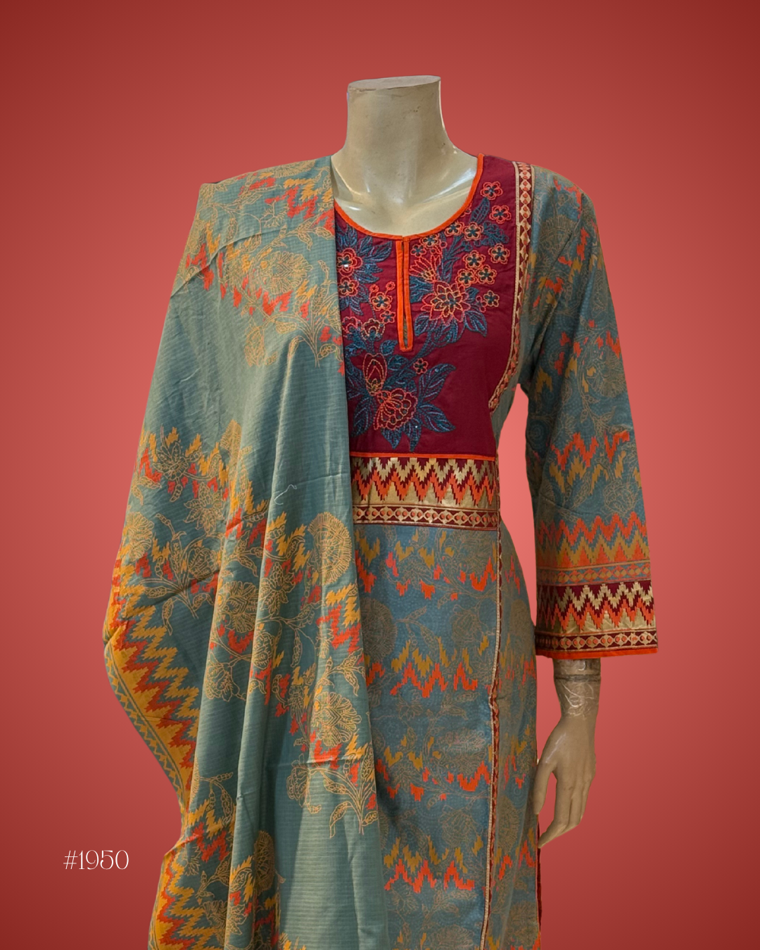 Embroidered Cotton Kurti – Red & Grey Fusion