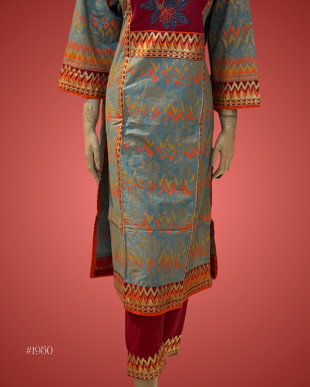 Embroidered Cotton Kurti – Red & Grey Fusion