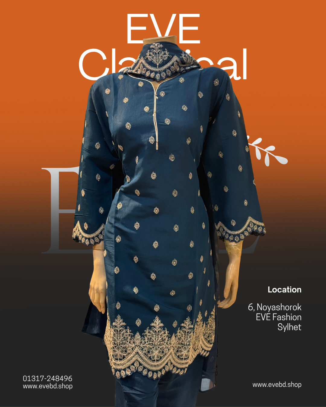 EVE Classical Embroidered Cotton Kurti (Navy Blue)