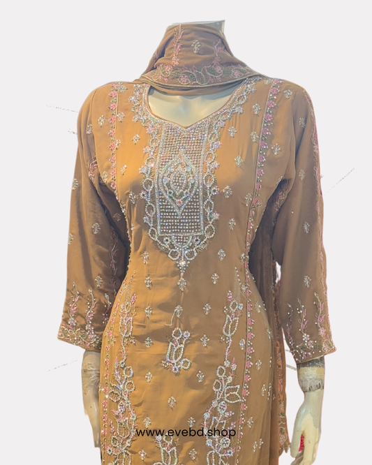 Caramel Brown Georgette Embroidered Dress