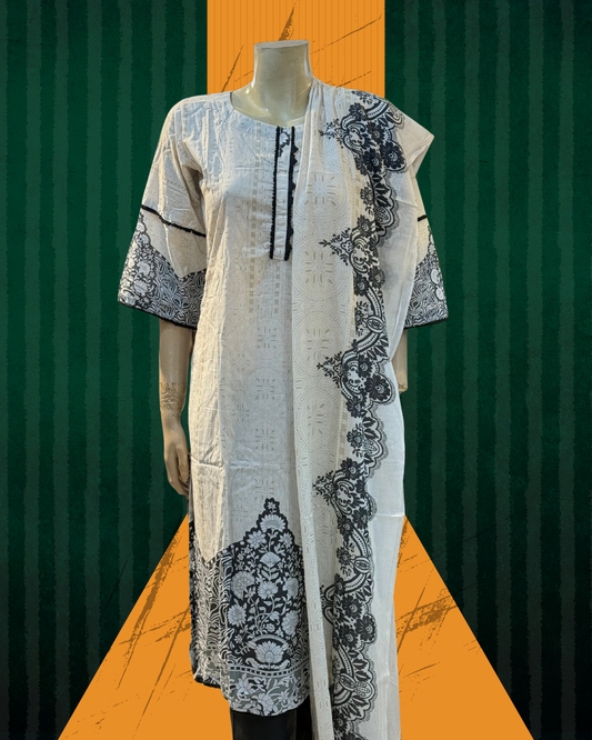 Black & White Printed Cotton Kurti Set