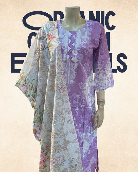 Lavender Floral Cotton Kurti Set