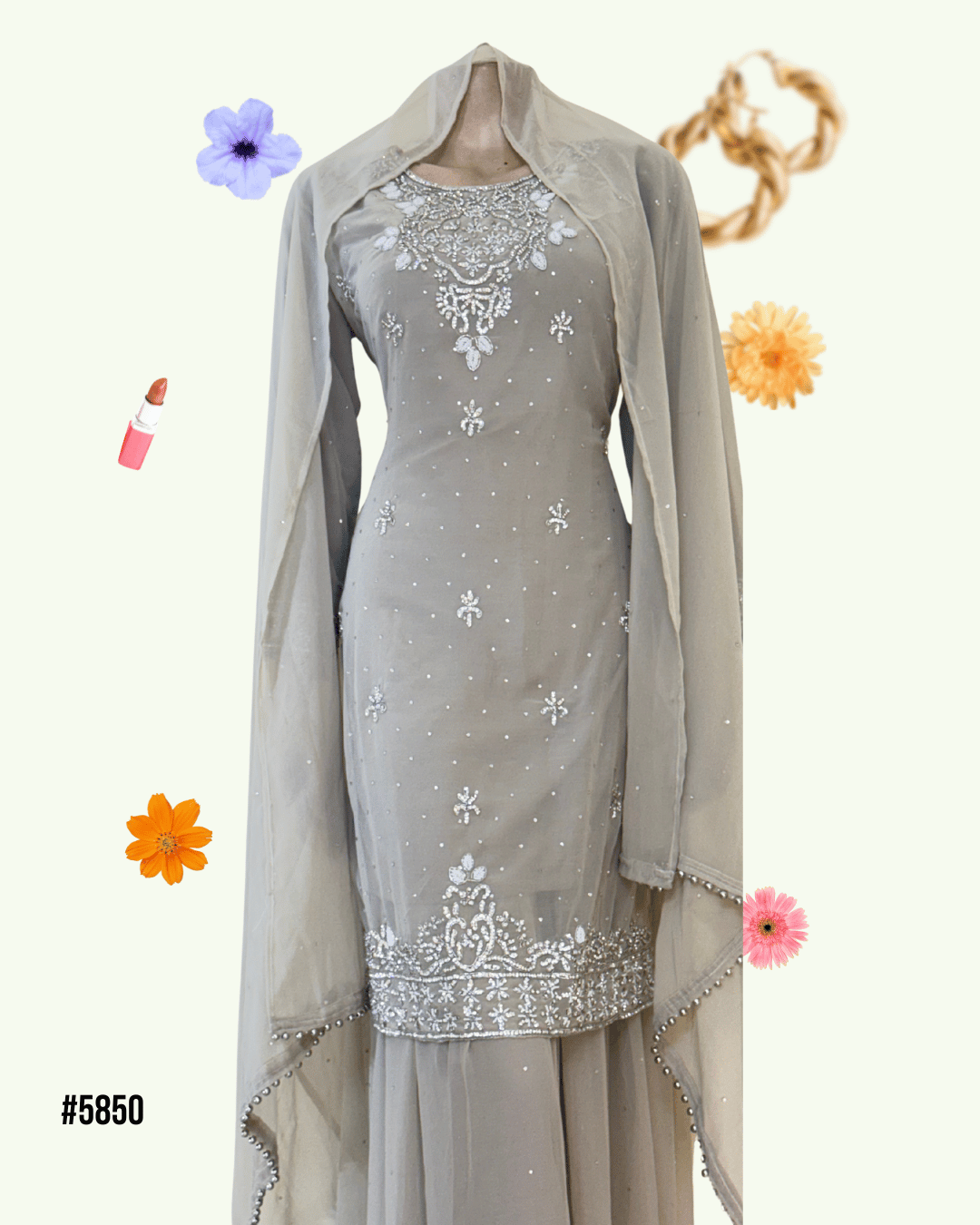 Elegant Grey Stone Work Embroidered Dress Set