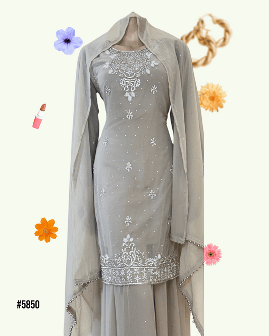 Elegant Grey Stone Work Embroidered Dress Set