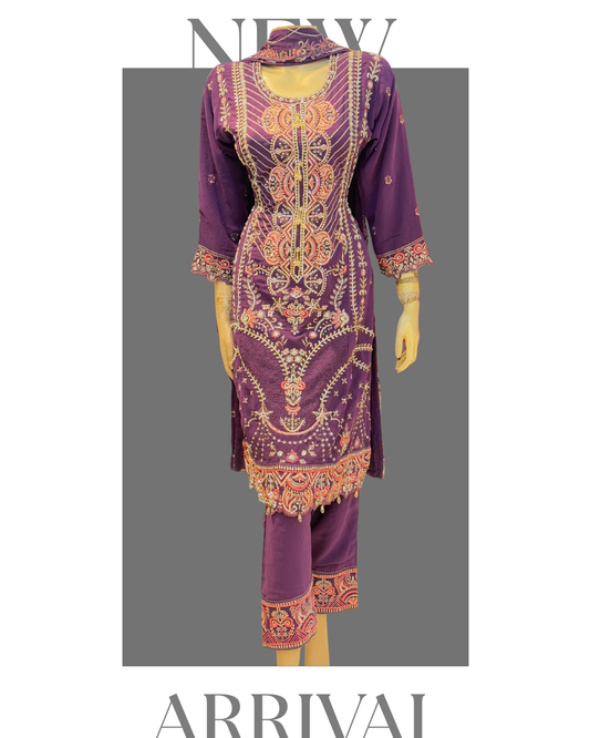 Purple Heavy Embroidered Georgette Dress