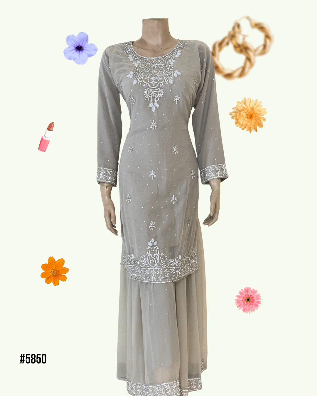 Elegant Grey Stone Work Embroidered Dress Set