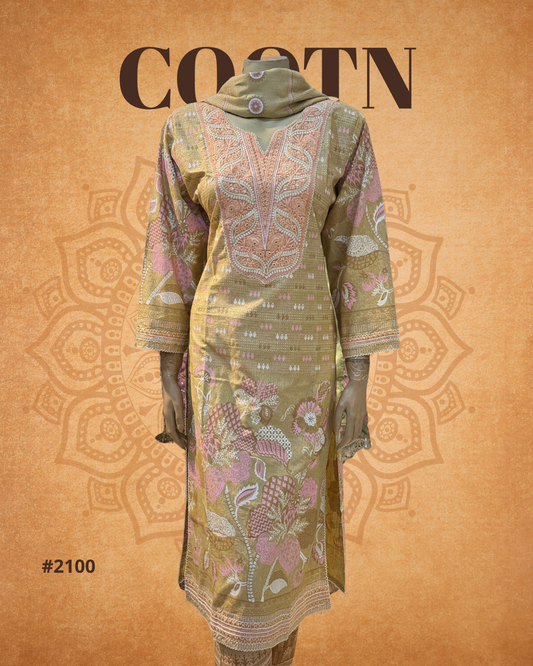 EVE Cotton Embroidered Kurti (Light Olive)