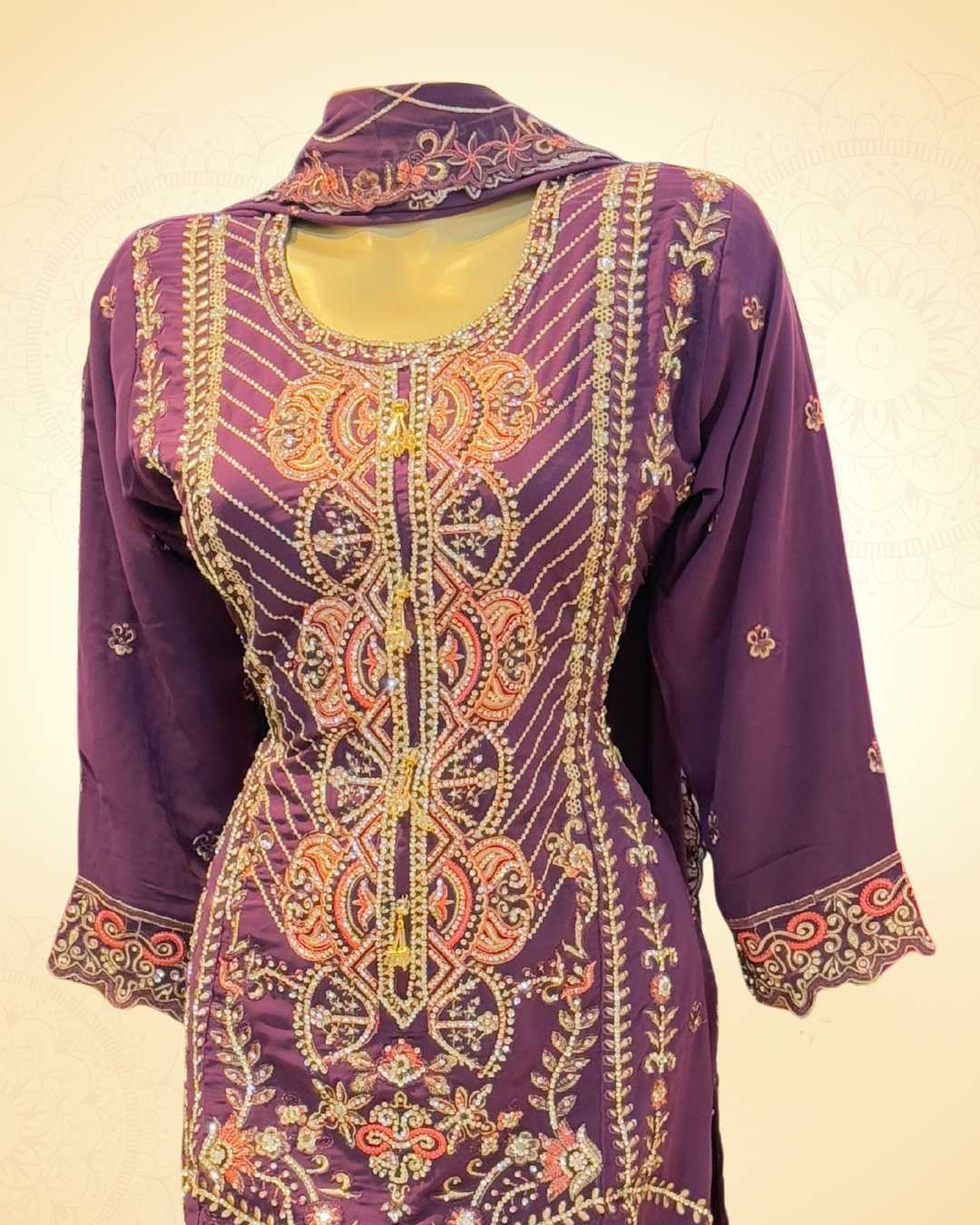 Purple Heavy Embroidered Georgette Dress