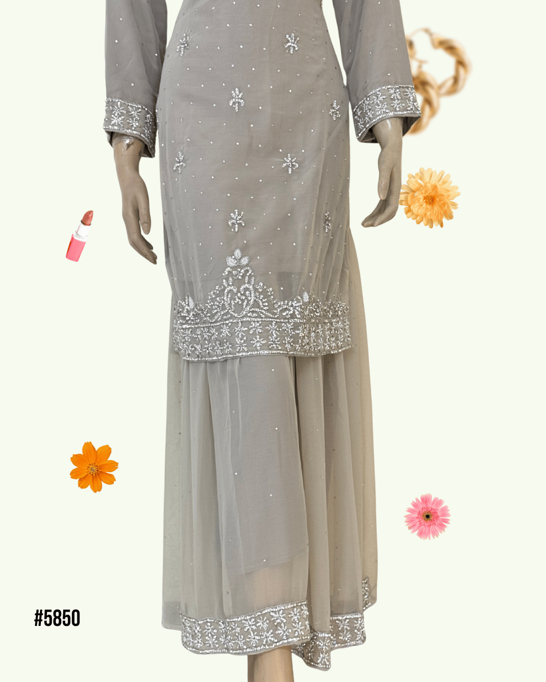 Elegant Grey Stone Work Embroidered Dress Set